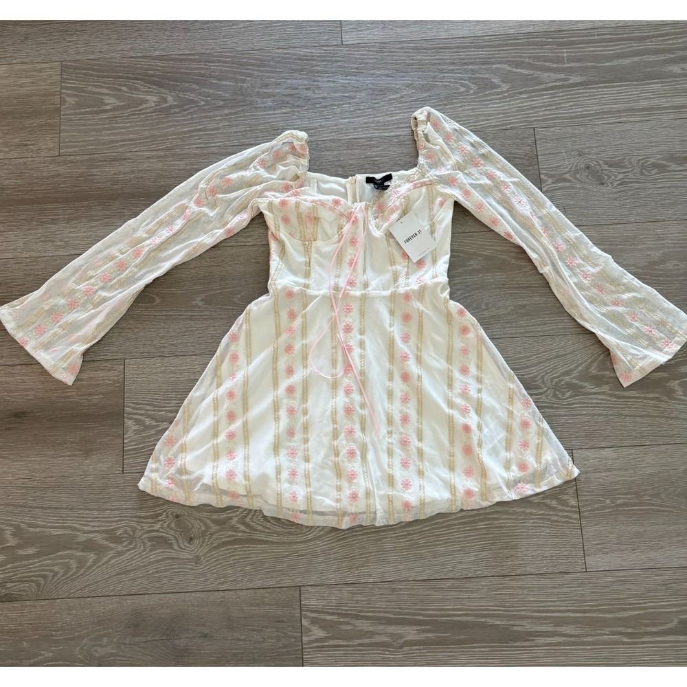 NWT Dainty Whimsical Fairy Mini Dress Cream Floral Mesh Corset Pink Bow Size S